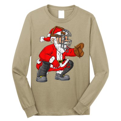 Christmas Santa Claus Baseball Catcher Xmas Long Sleeve Shirt