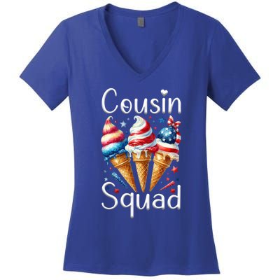 Cousin Squad Crew 4th Of July Ice Cream Us American Flag Gift Women's V-Neck T-Shirt