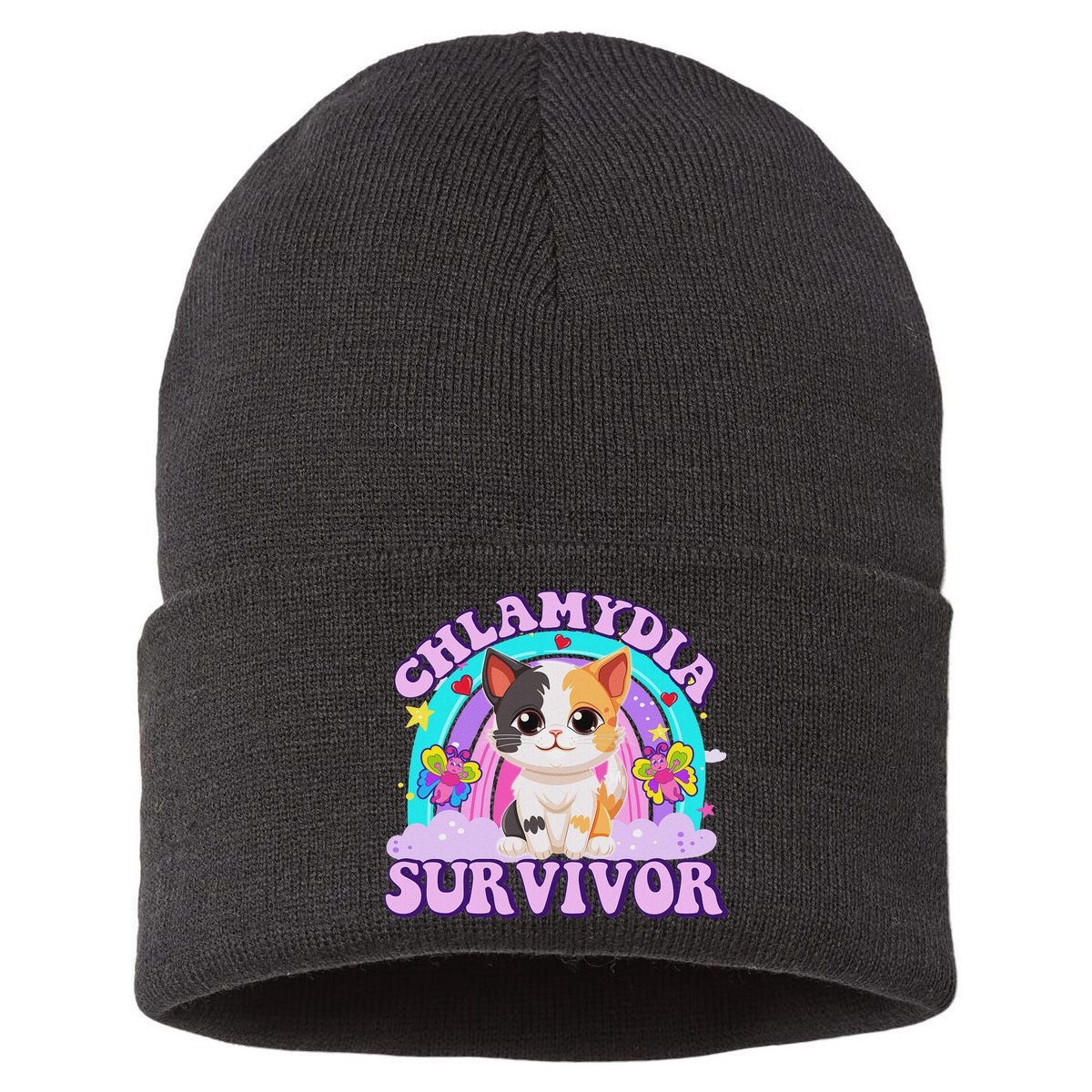 Chlamydia Survivor Cat Meme Funny Shirts For Adult Humor Sustainable Knit Beanie