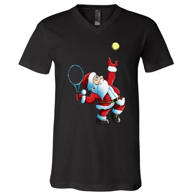 Christmas Santa Claus Tennis Game Tennis Racket V-Neck T-Shirt