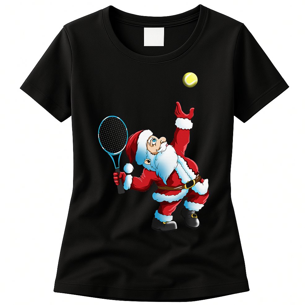 Christmas Santa Claus Tennis Game Tennis Racket Womens T-Shirt
