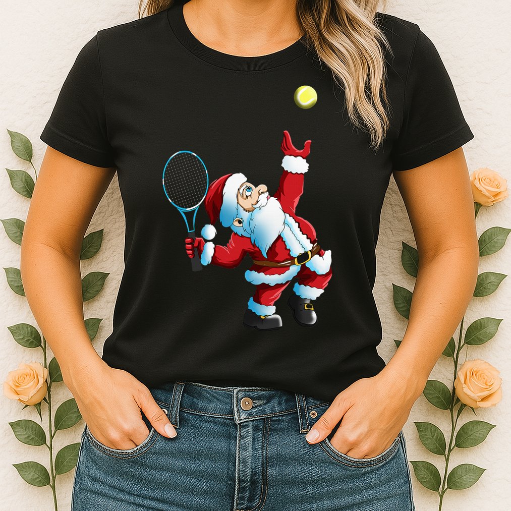 Christmas Santa Claus Tennis Game Tennis Racket Womens T-Shirt