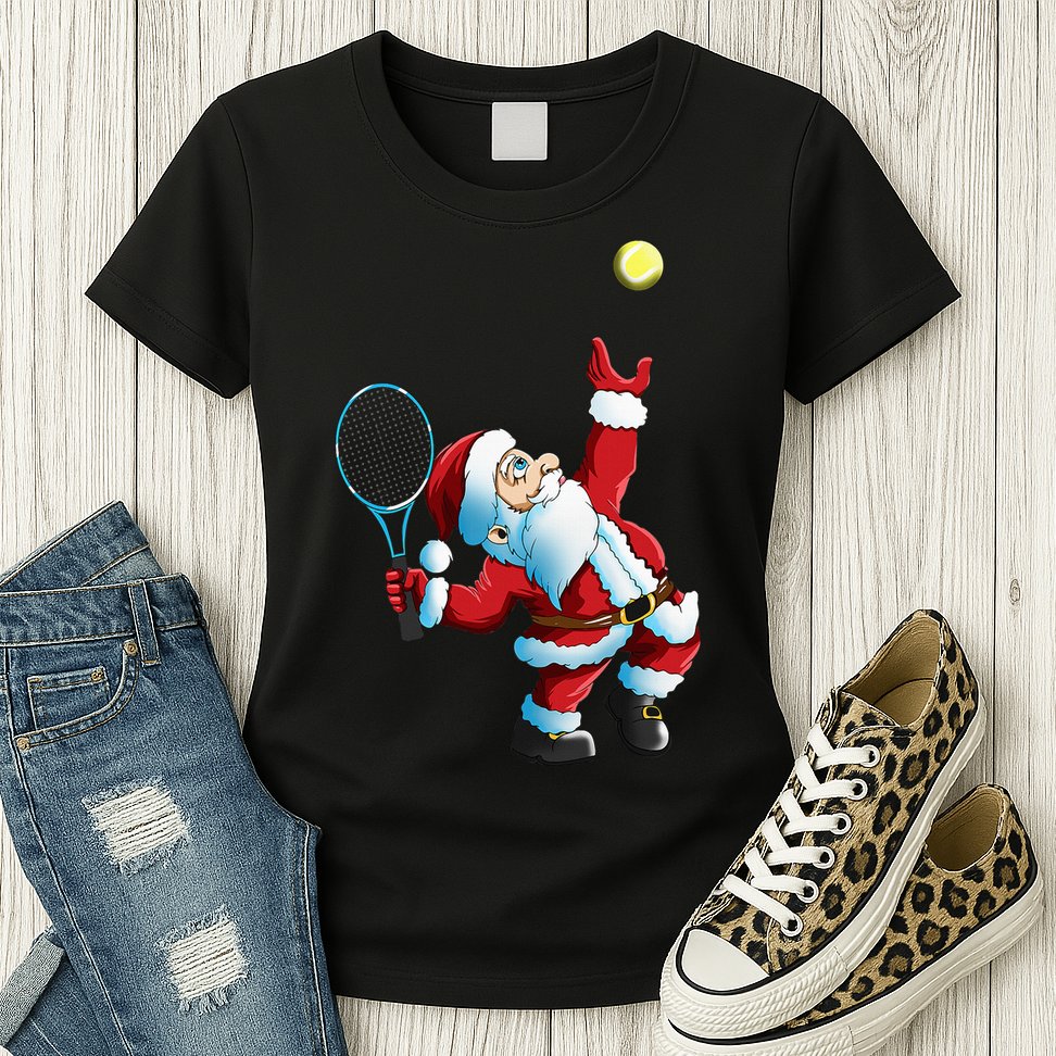 Christmas Santa Claus Tennis Game Tennis Racket Womens T-Shirt