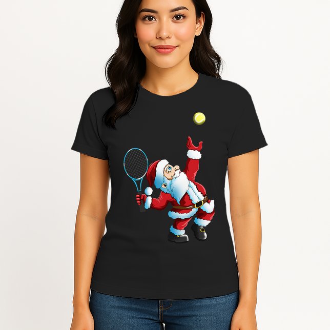 Christmas Santa Claus Tennis Game Tennis Racket Womens T-Shirt