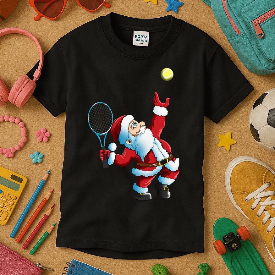 Christmas Santa Claus Tennis Game Tennis Racket Kids T-Shirt