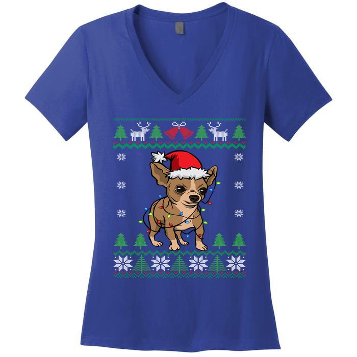 Chihuahua Santa Claus Hat And Lights Chihuahua Ugly Christmas Funny Gift Women's V-Neck T-Shirt