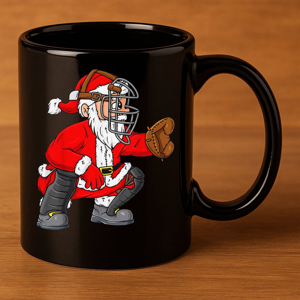 Christmas Santa Claus Baseball Catcher Xmas 11oz C Handle Ceramic Mug