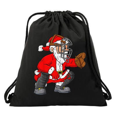 Christmas Santa Claus Baseball Catcher Xmas Drawstring Bag