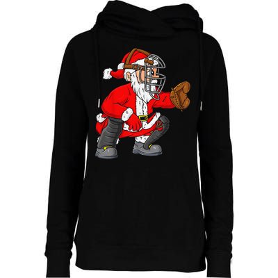 Christmas Santa Claus Baseball Catcher Xmas Womens Funnel Neck Pullover Hood