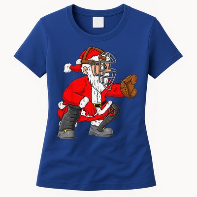 Christmas Santa Claus Baseball Catcher Xmas Womens T-Shirt