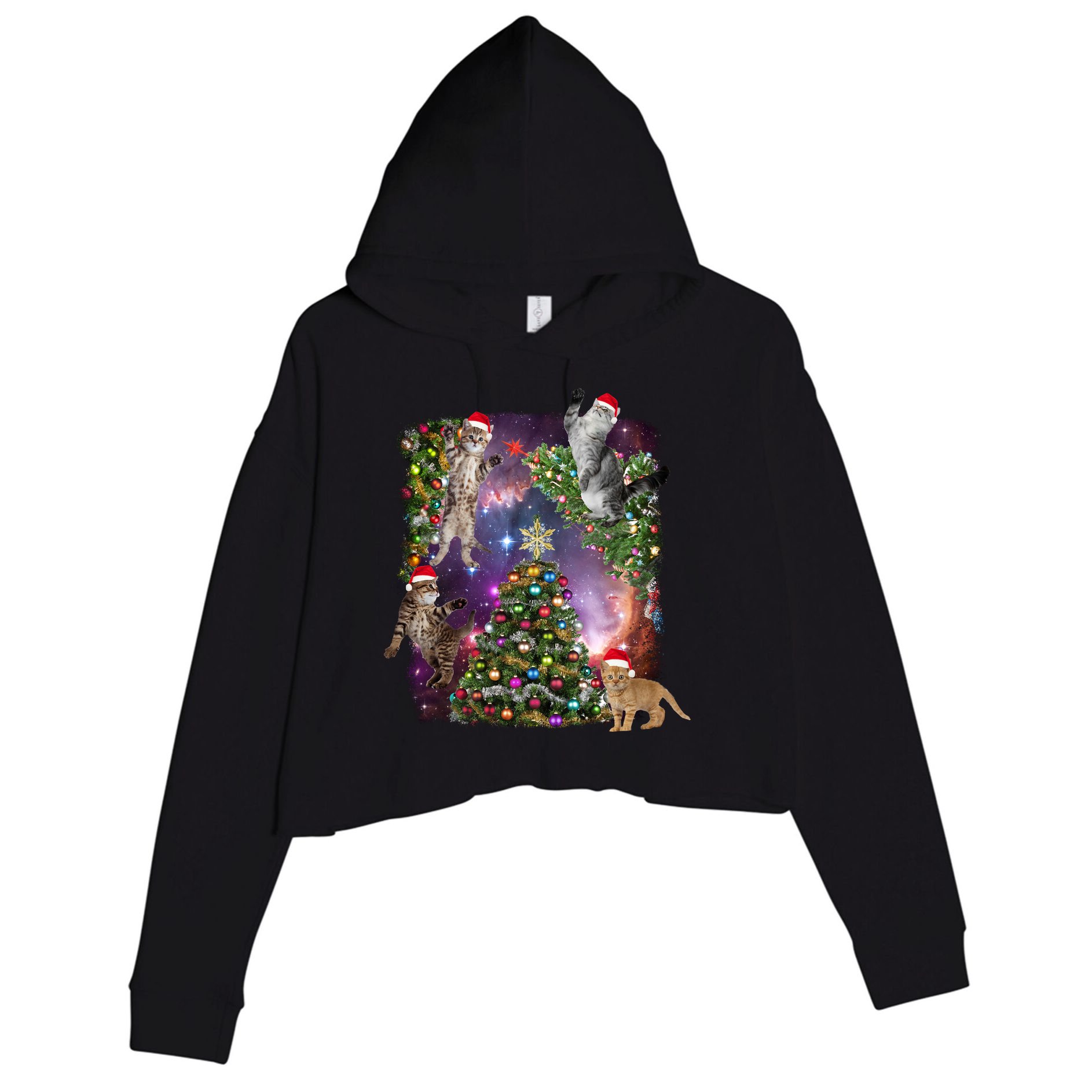 Christmas Space Cats Crop Fleece Hoodie