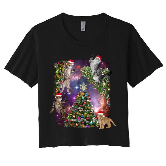 Christmas Space Cats Women's Crop Top Tee