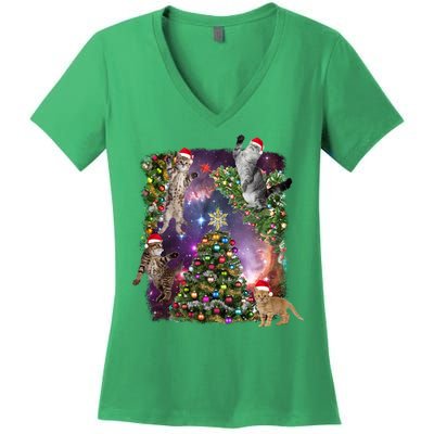 Christmas Space Cats Women's V-Neck T-Shirt