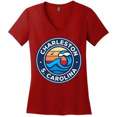 Charleston South Carolina Sc Vintage Nautical Waves Design Women's V-Neck T-Shirt