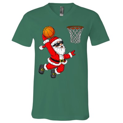 Christmas Santa Claus Dunking A Basketball Xmas V-Neck T-Shirt