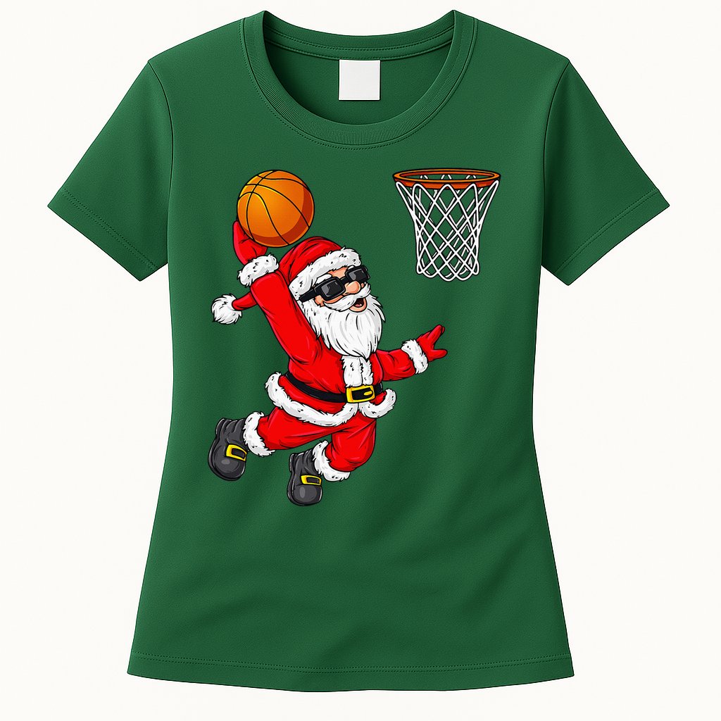 Christmas Santa Claus Dunking A Basketball Xmas Womens T-Shirt