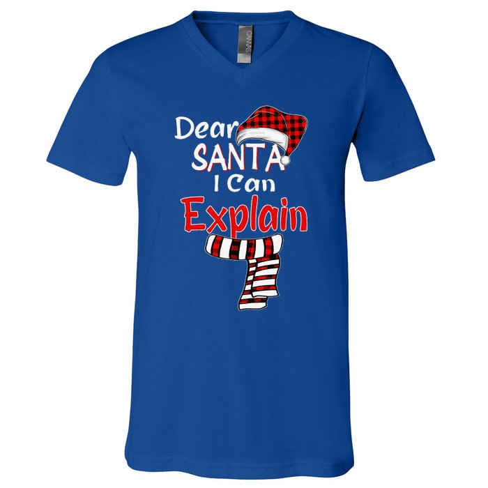 Christmas Santa Claus Red Plaid Dear Santa I Can Explain V-Neck T-Shirt