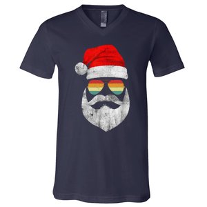 Cool Santa Claus Face With Sunglasses & Hat Beard Christmas V-Neck T-Shirt