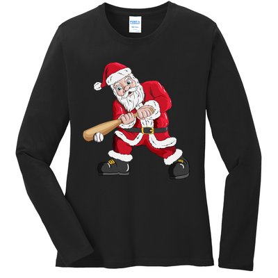 Christmas Santa Claus With Baseball Bat Baseball Ladies Long Sleeve Shirt