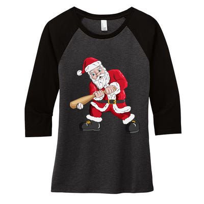 Christmas Santa Claus With Baseball Bat Baseball Women's Tri-Blend 3/4-Sleeve Raglan Shirt