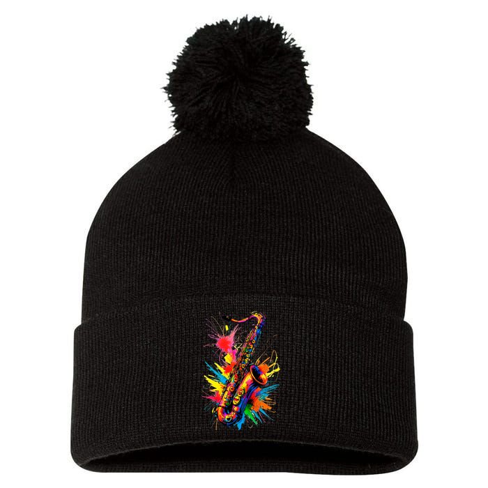 Colorful Saxophone Pom Pom 12in Knit Beanie