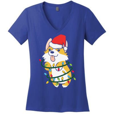 Corgi Santa Christmas Tree Lights Xmas Boys Corgmas Dog Women's V-Neck T-Shirt