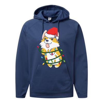 Corgi Santa Christmas Tree Lights Xmas Boys Corgmas Dog Performance Fleece Hoodie