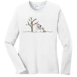 Christmas Snowman Cute Dog Xmas Holiday Minimalist Ladies Long Sleeve Shirt