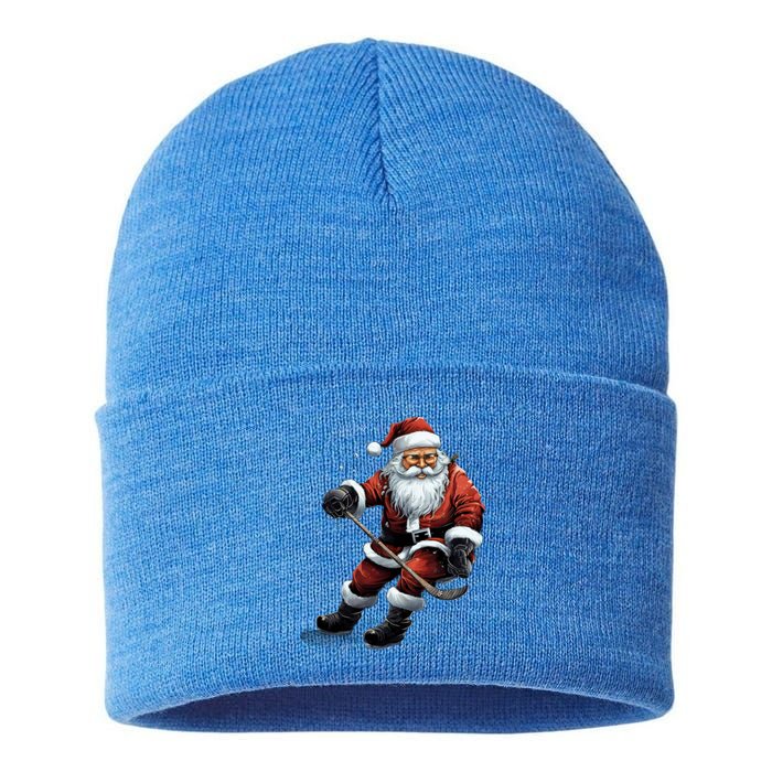 Christmas Santa Claus Playing Ice Hockey Xmas Gift Sustainable Knit Beanie