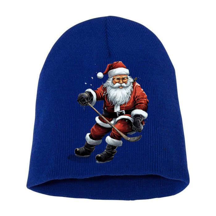 Christmas Santa Claus Playing Ice Hockey Xmas Gift Short Acrylic Beanie