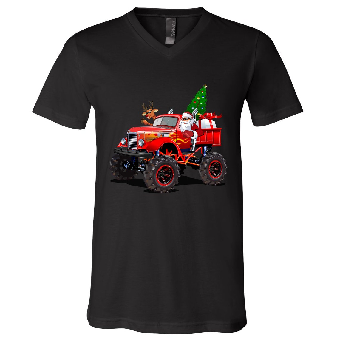 Christmas Santa Claus Reindeer Monster Truck V-Neck T-Shirt