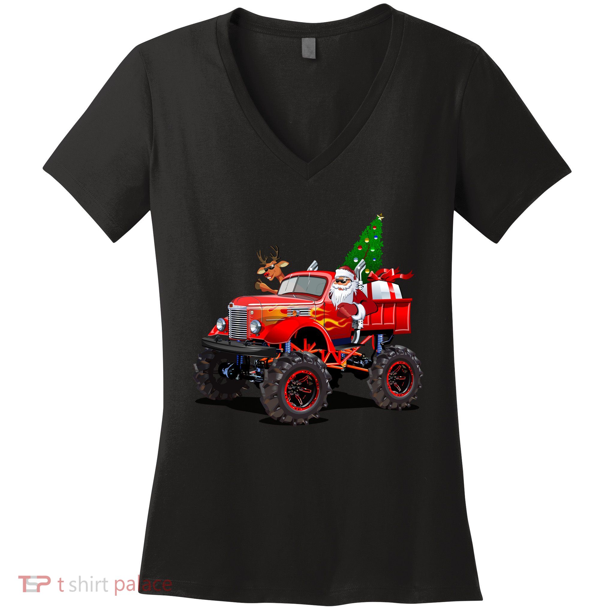 Christmas Santa Claus Reindeer Monster Truck Women's V-Neck T-Shirt