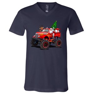 Christmas Santa Claus Reindeer Monster Truck V-Neck T-Shirt