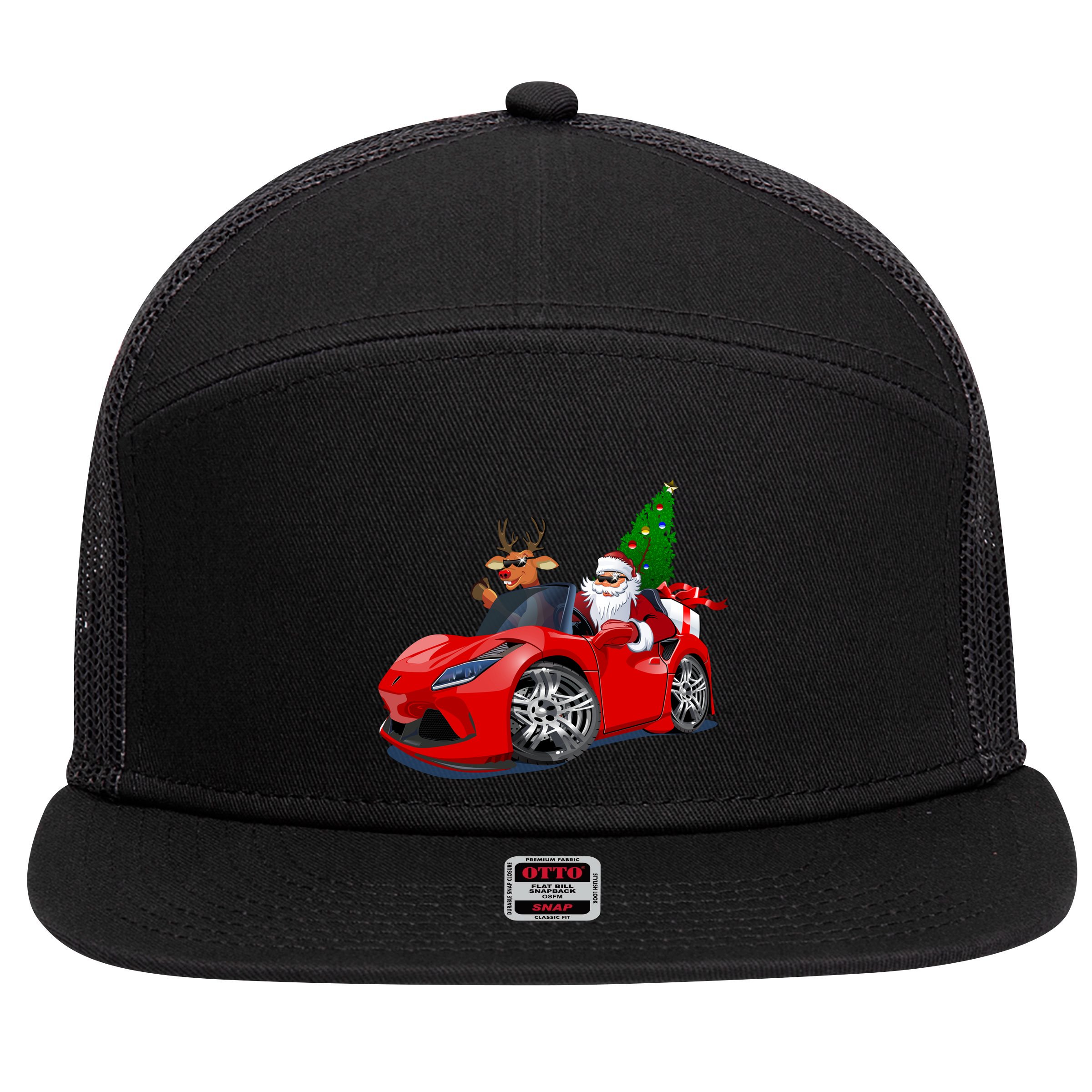 Christmas Santa Claus Reindeer Muscle Car 7 Panel Mesh Trucker Snapback Hat