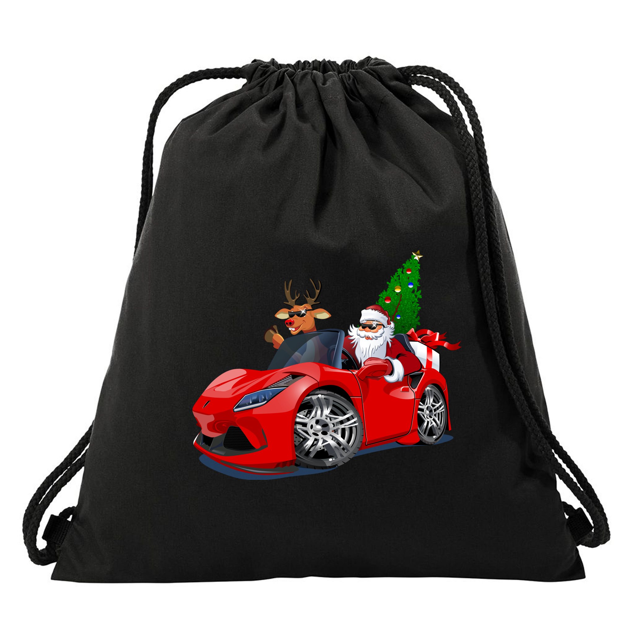 Christmas Santa Claus Reindeer Muscle Car Drawstring Bag