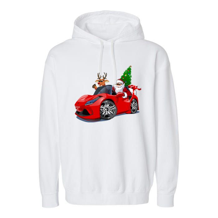 Christmas Santa Claus Reindeer Muscle Car Garment-Dyed Fleece Hoodie