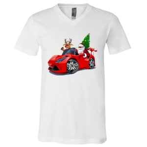 Christmas Santa Claus Reindeer Muscle Car V-Neck T-Shirt