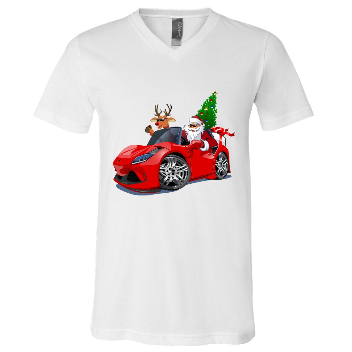 Christmas Santa Claus Reindeer Muscle Car V-Neck T-Shirt