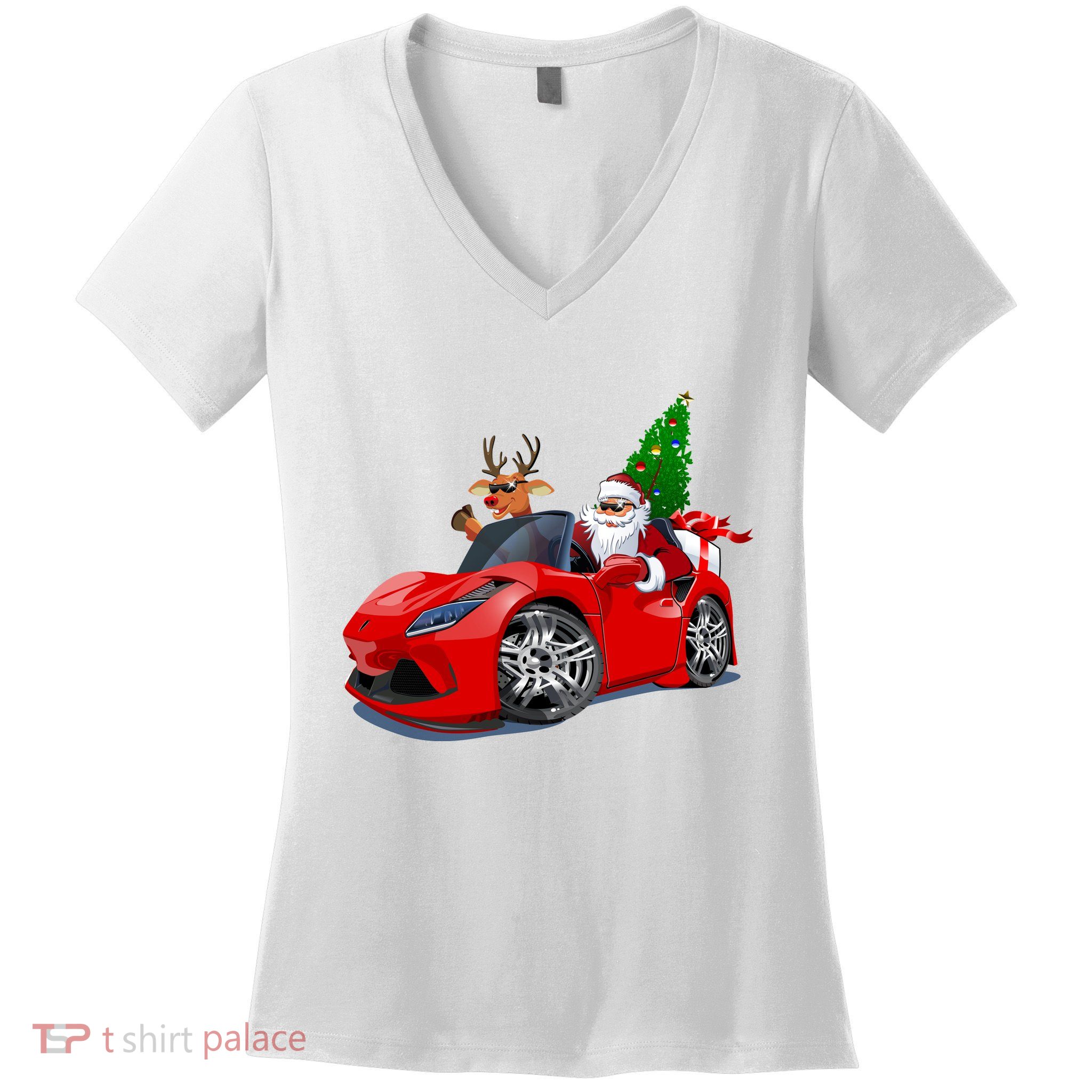 Christmas Santa Claus Reindeer Muscle Car Women's V-Neck T-Shirt