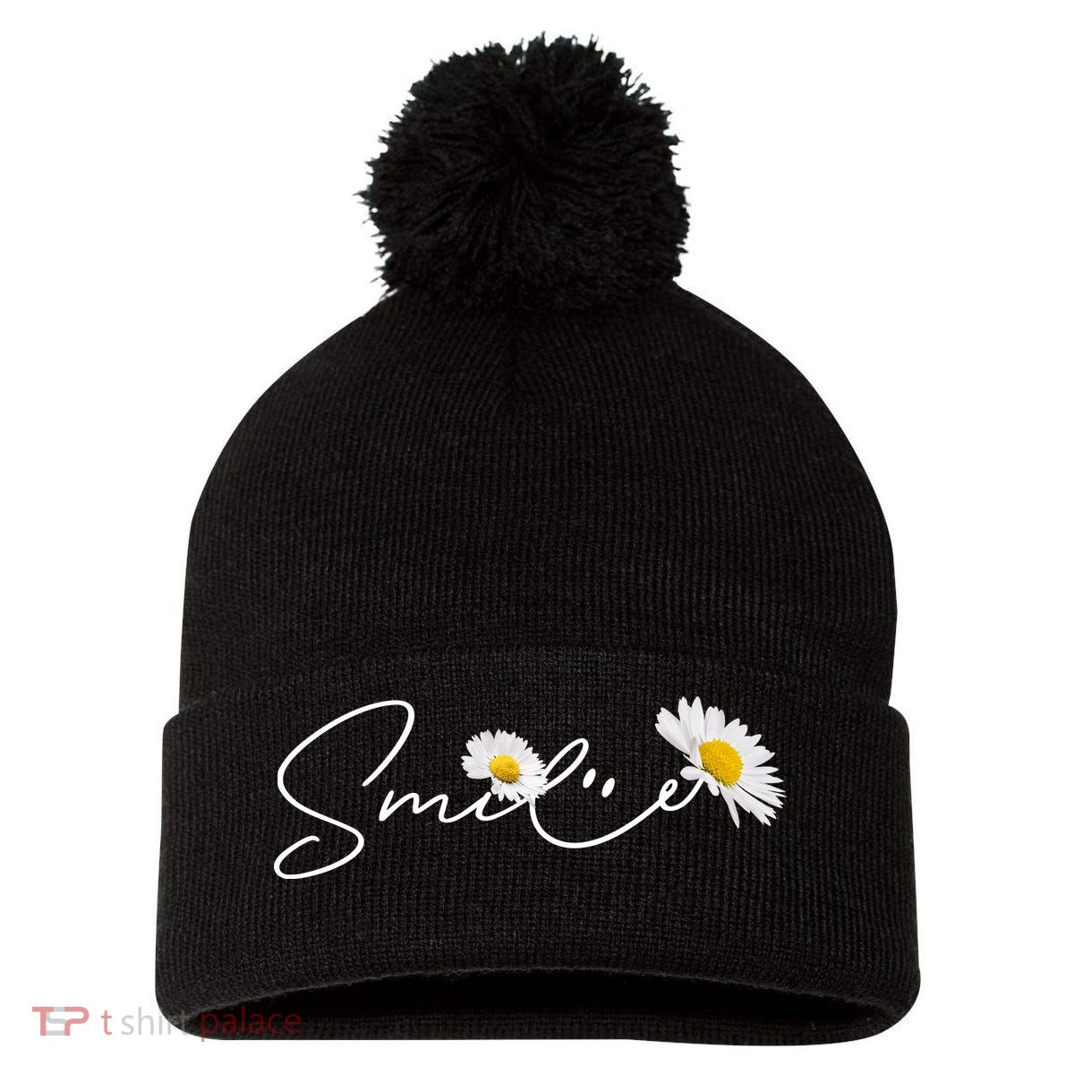 Cute Smile Daisy Flower Pom Pom 12in Knit Beanie