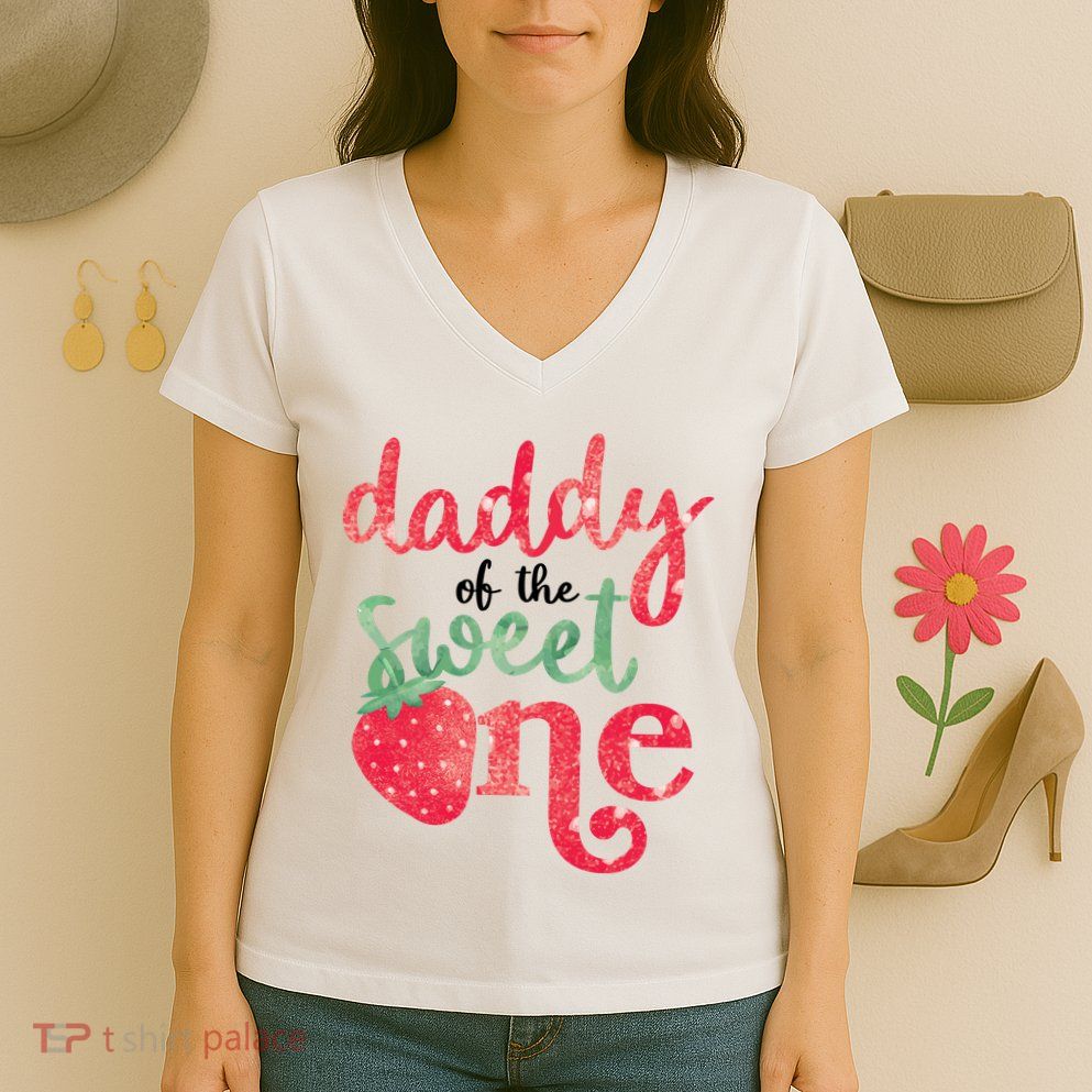 Cute Strawberry Daddy Of The Sweet One Women's V-Neck T-Shirt