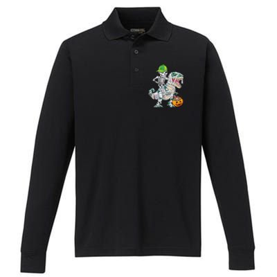 Cool Skeleton Dinosaur Halloween Trick Or Treat Performance Long Sleeve Polo