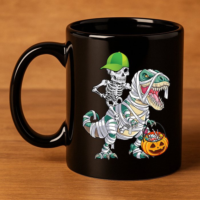 Cool Skeleton Dinosaur Halloween Trick Or Treat 11oz C Handle Ceramic Mug