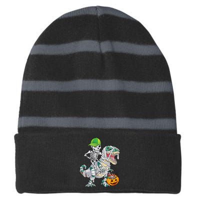 Cool Skeleton Dinosaur Halloween Trick Or Treat Striped Beanie with Solid Band