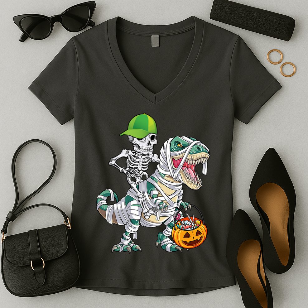 Cool Skeleton Dinosaur Halloween Trick Or Treat Women's V-Neck T-Shirt
