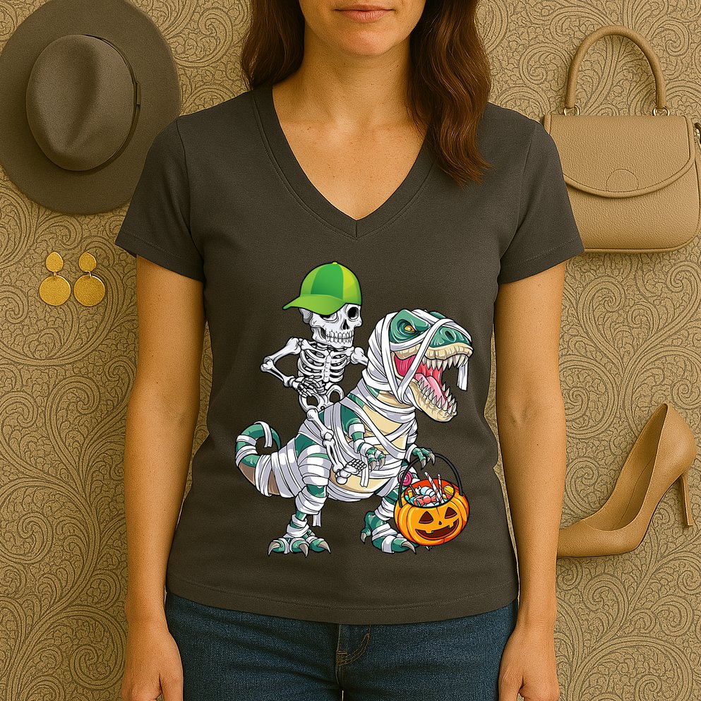 Cool Skeleton Dinosaur Halloween Trick Or Treat Women's V-Neck T-Shirt
