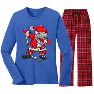 Christmas Santa Dabbing Hockey Player Dab Xmas Gift Women's Long Sleeve Flannel Pajama Set 