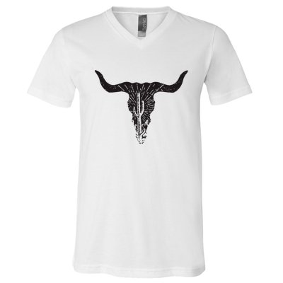 Cow Skull Desert Cactus Boho Longhorn South Western Country V-Neck T-Shirt