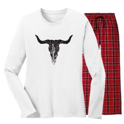 Cow Skull Desert Cactus Boho Longhorn South Western Country Women's Long Sleeve Flannel Pajama Set 