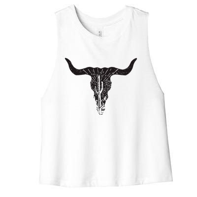 Cow Skull Desert Cactus Boho Longhorn South Western Country Women's Racerback Cropped Tank